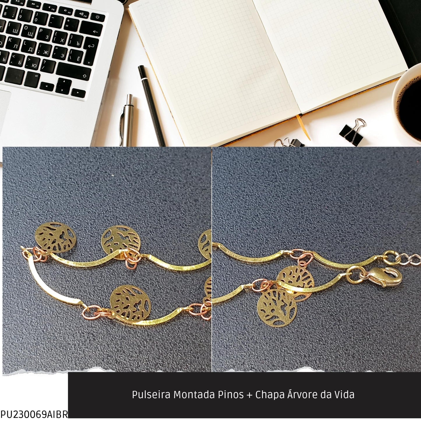 Pulseira Montada Pinos + Chapa Árvore da Vida   - Código.: PU230069AIBR  - Peso.: 2.3 gr