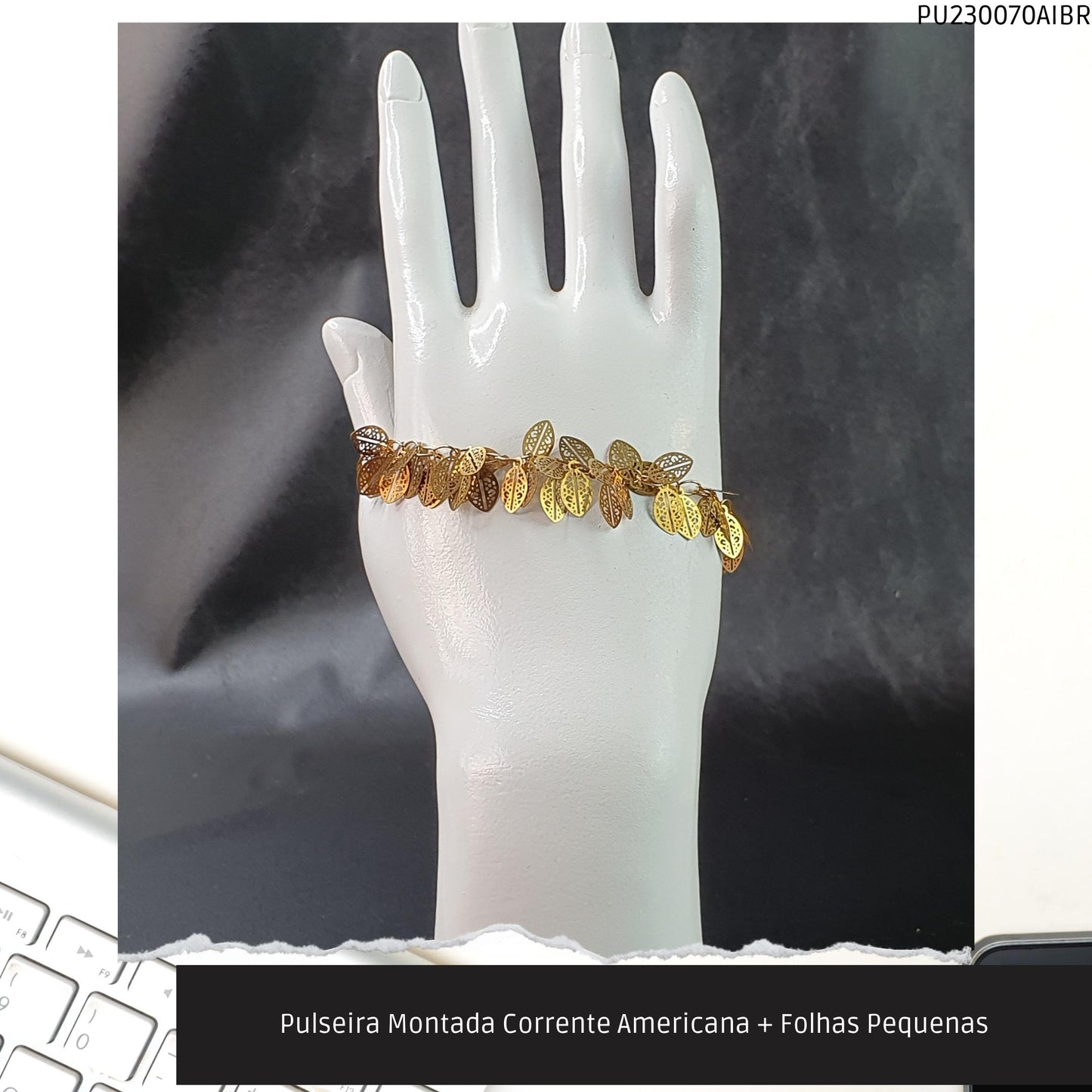 Pulseira Montada Corrente Americana + Folhas Pequenas  - Código.: PU230070AIBR  - Peso.: 4.8 gr