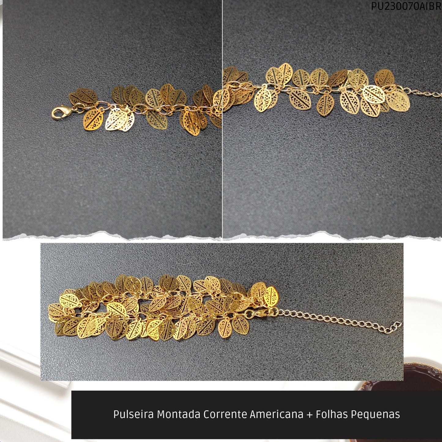 Pulseira Montada Corrente Americana + Folhas Pequenas  - Código.: PU230070AIBR  - Peso.: 4.8 gr