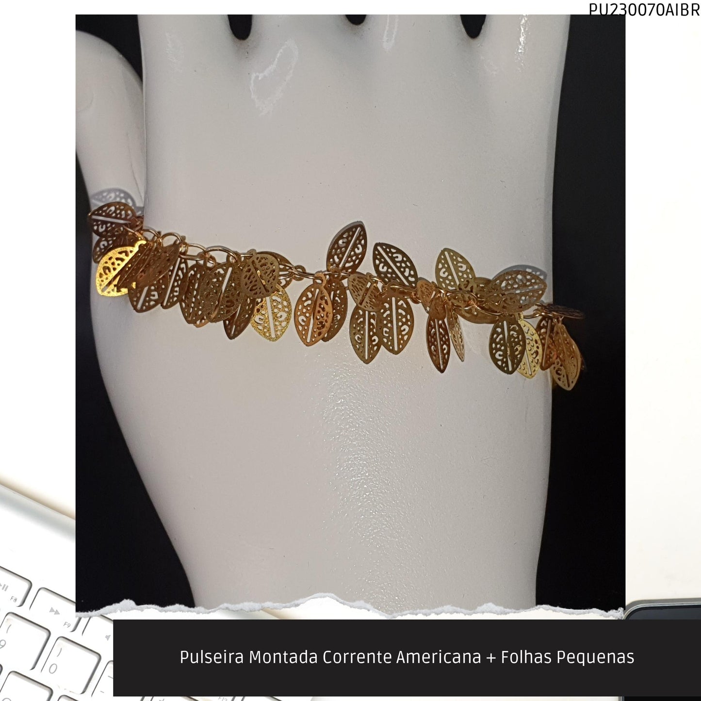 Pulseira Montada Corrente Americana + Folhas Pequenas  - Código.: PU230070AIBR  - Peso.: 4.8 gr