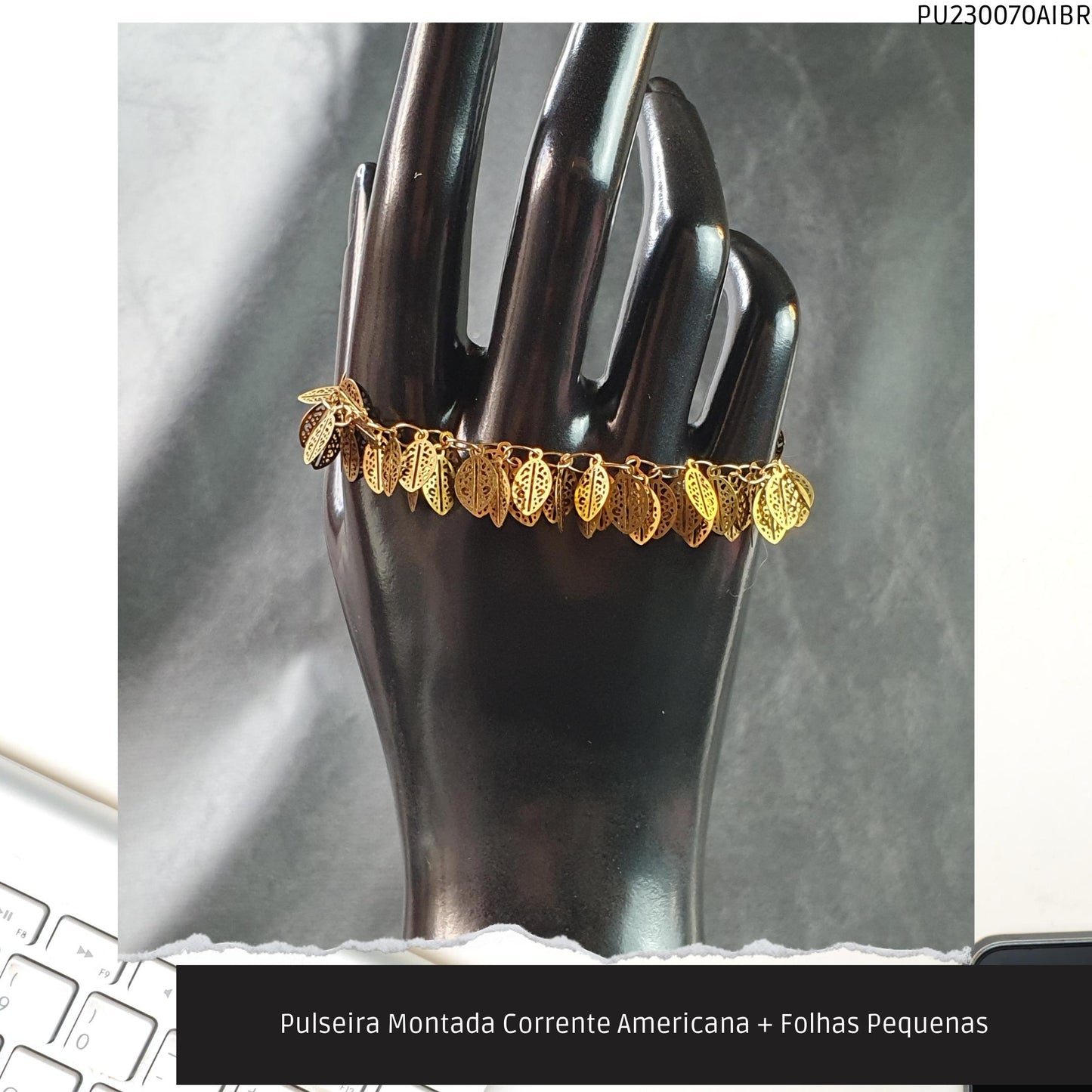 Pulseira Montada Corrente Americana + Folhas Pequenas  - Código.: PU230070AIBR  - Peso.: 4.8 gr