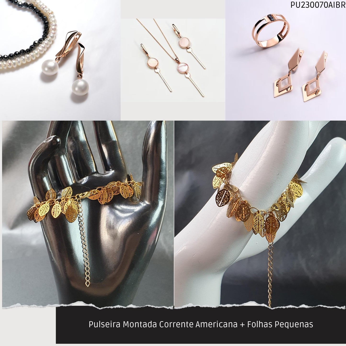 Pulseira Montada Corrente Americana + Folhas Pequenas  - Código.: PU230070AIBR  - Peso.: 4.8 gr