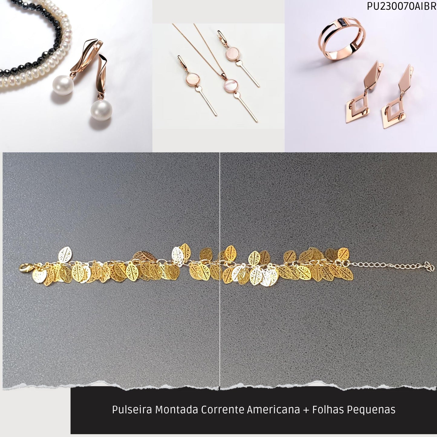Pulseira Montada Corrente Americana + Folhas Pequenas  - Código.: PU230070AIBR  - Peso.: 4.8 gr