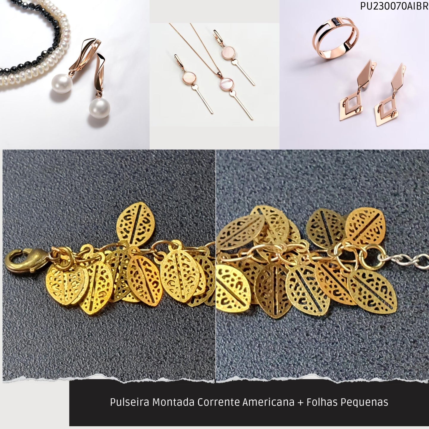 Pulseira Montada Corrente Americana + Folhas Pequenas  - Código.: PU230070AIBR  - Peso.: 4.8 gr