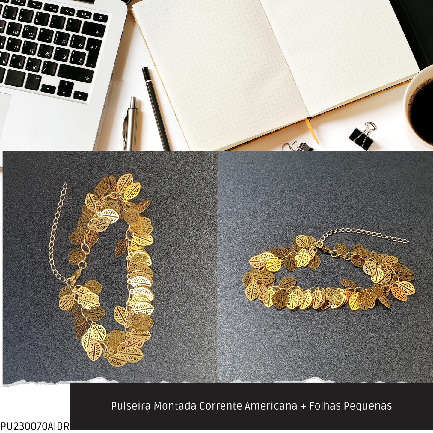 Pulseira Montada Corrente Americana + Folhas Pequenas  - Código.: PU230070AIBR  - Peso.: 4.8 gr