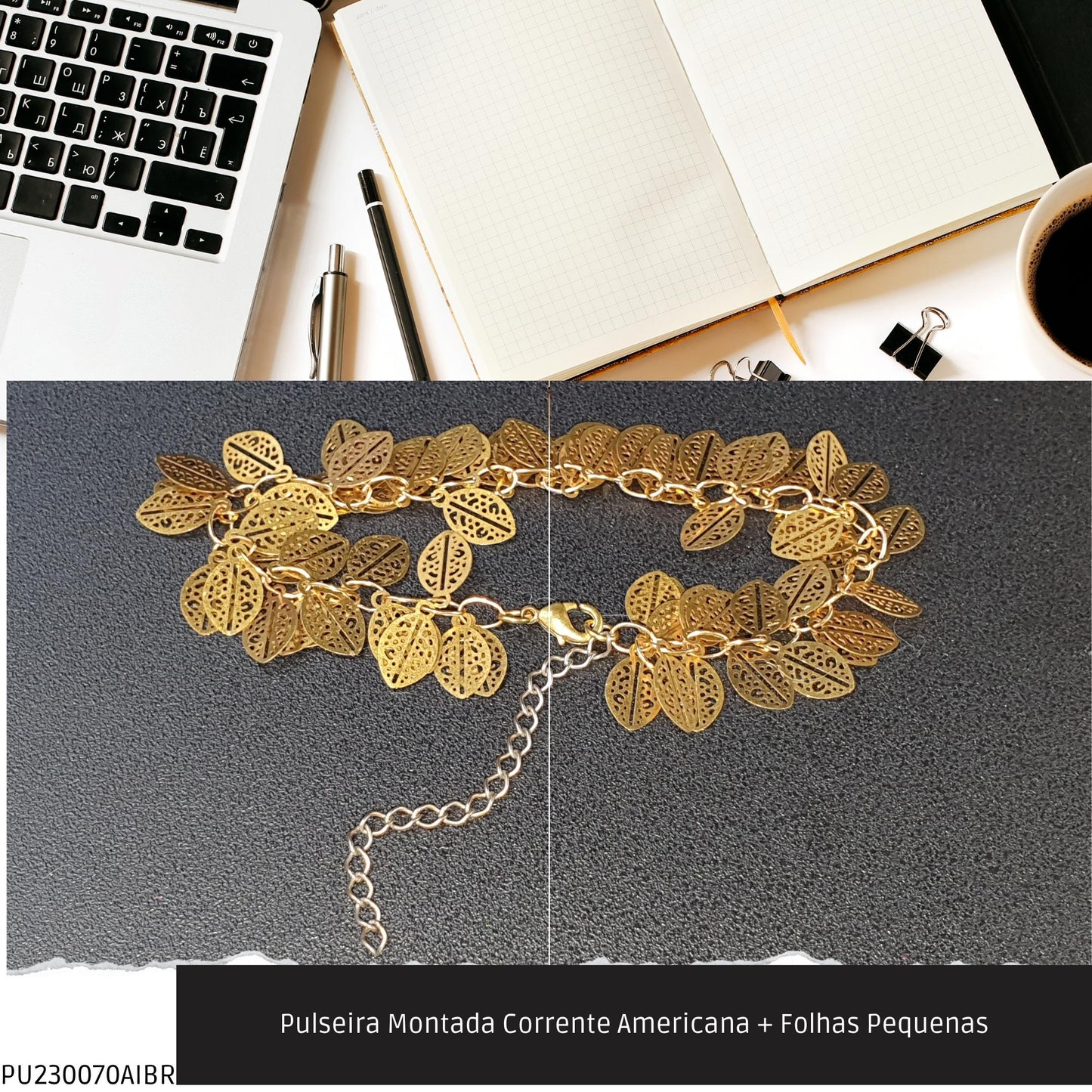Pulseira Montada Corrente Americana + Folhas Pequenas  - Código.: PU230070AIBR  - Peso.: 4.8 gr