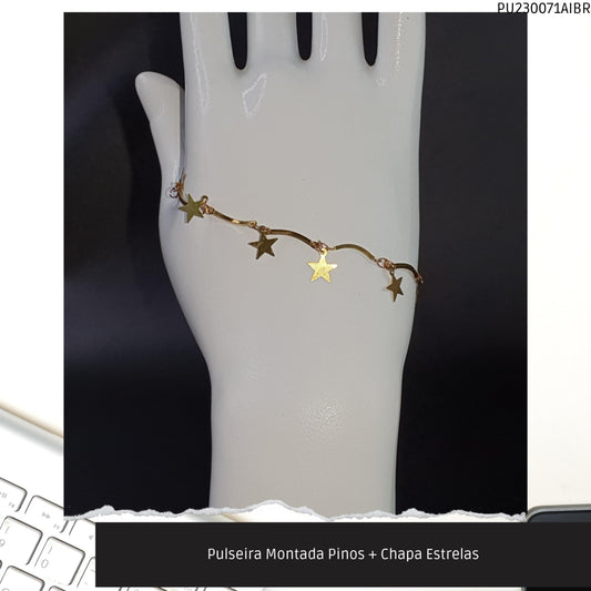 Pulseira Montada Pinos + Chapa Estrelas  - Código.: PU230071AIBR  - Peso.: 2.5 gr