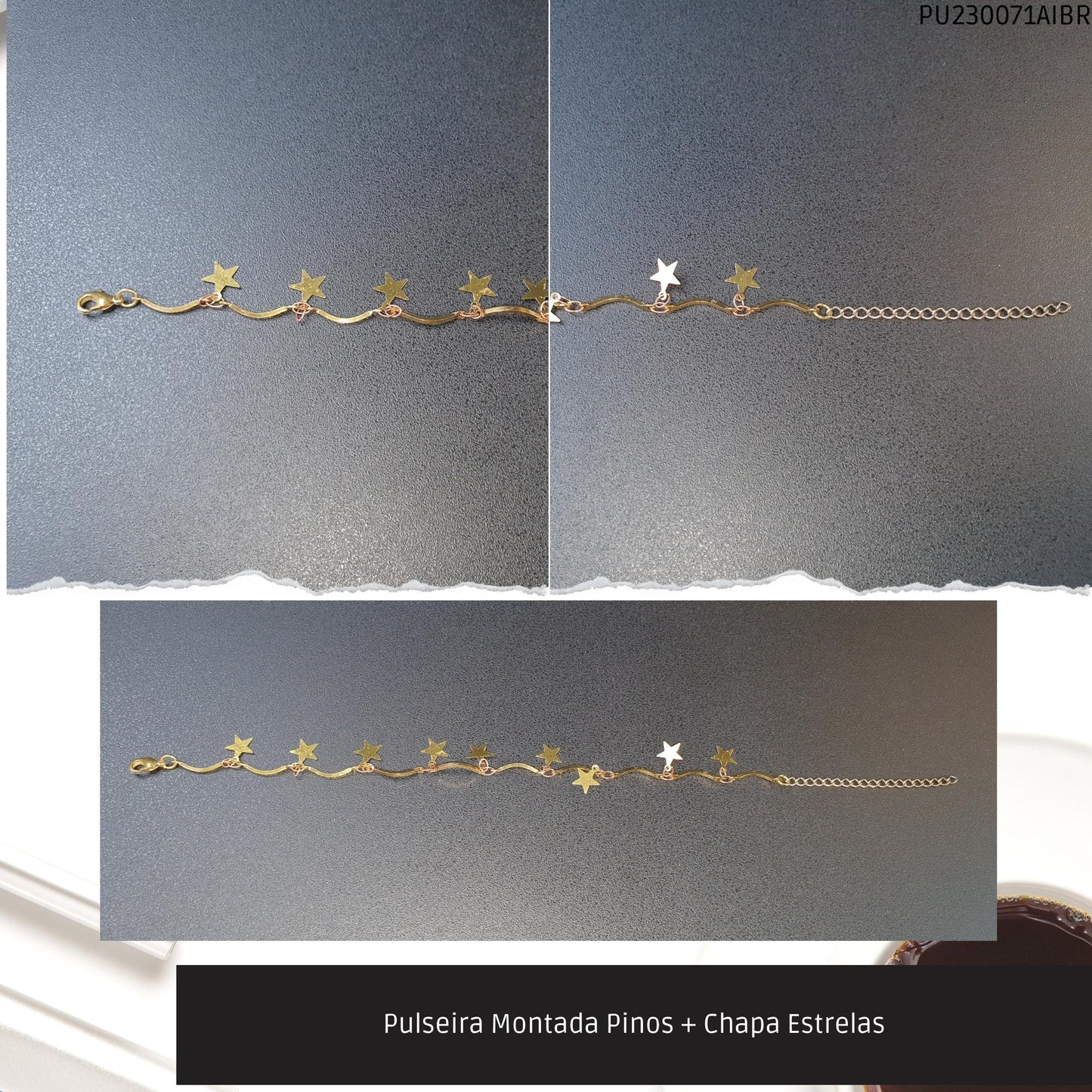 Pulseira Montada Pinos + Chapa Estrelas  - Código.: PU230071AIBR  - Peso.: 2.5 gr