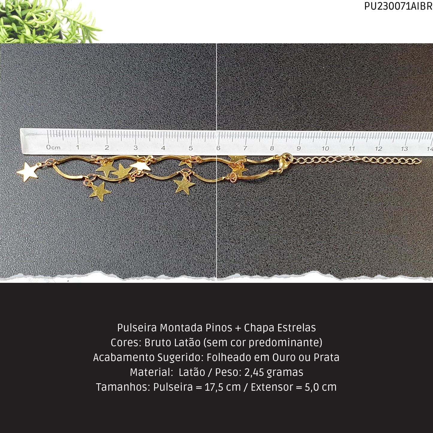 Pulseira Montada Pinos + Chapa Estrelas  - Código.: PU230071AIBR  - Peso.: 2.5 gr