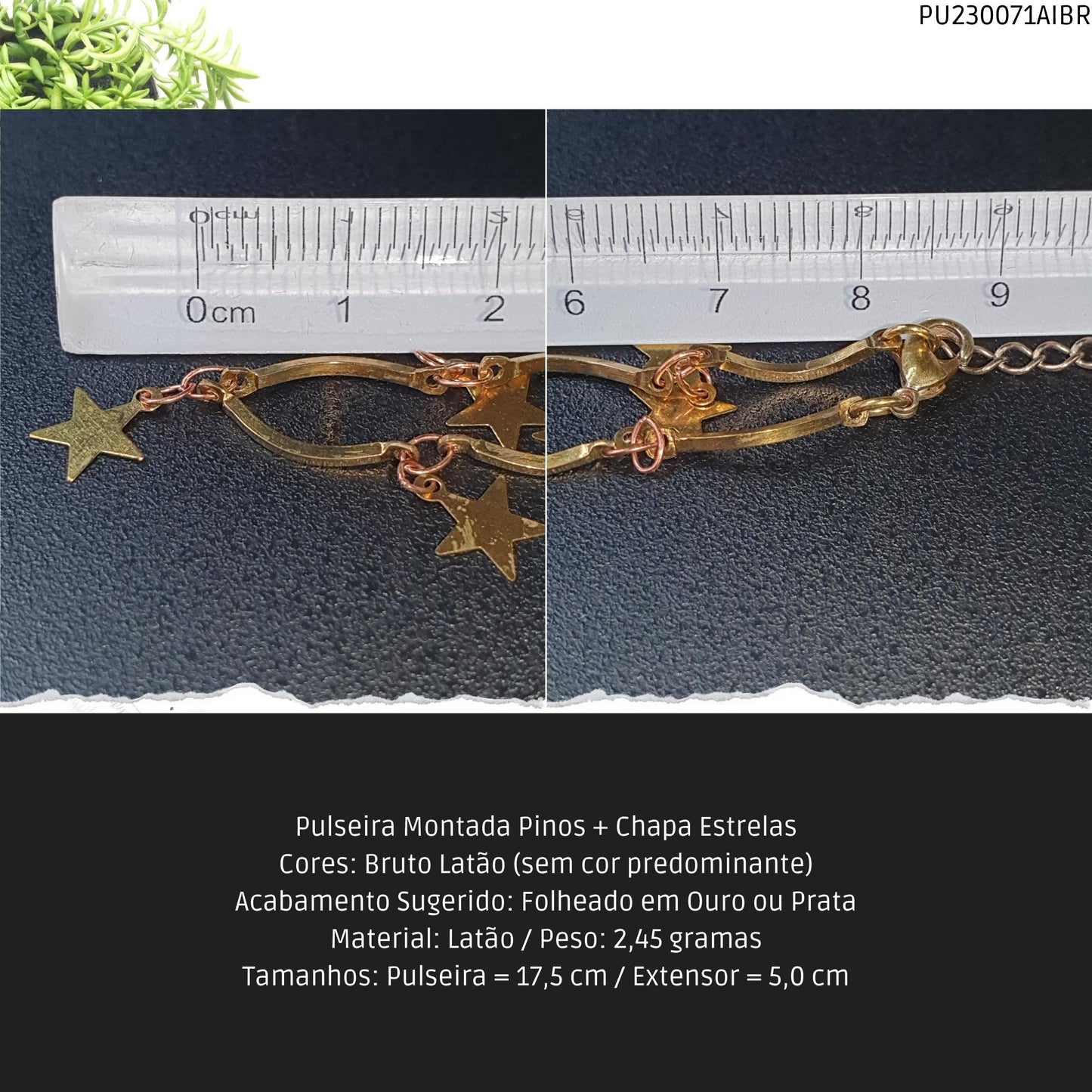 Pulseira Montada Pinos + Chapa Estrelas  - Código.: PU230071AIBR  - Peso.: 2.5 gr