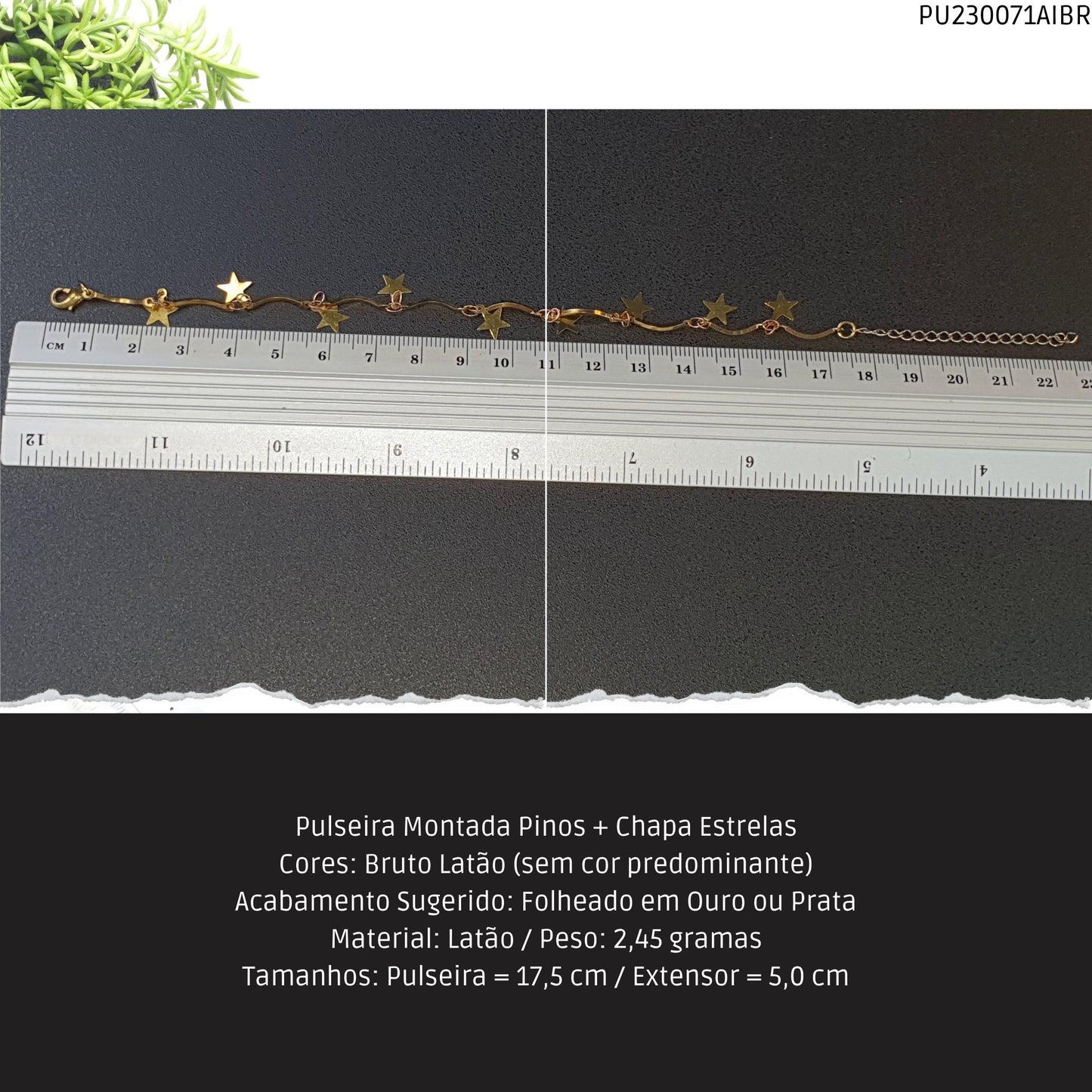 Pulseira Montada Pinos + Chapa Estrelas  - Código.: PU230071AIBR  - Peso.: 2.5 gr