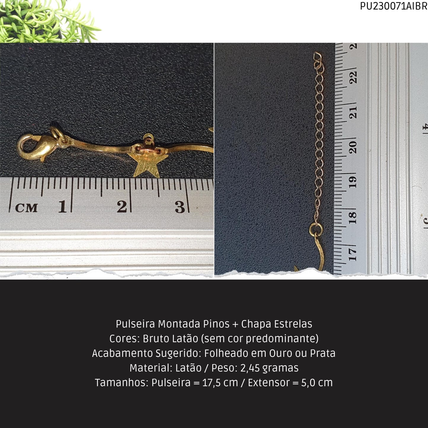 Pulseira Montada Pinos + Chapa Estrelas  - Código.: PU230071AIBR  - Peso.: 2.5 gr