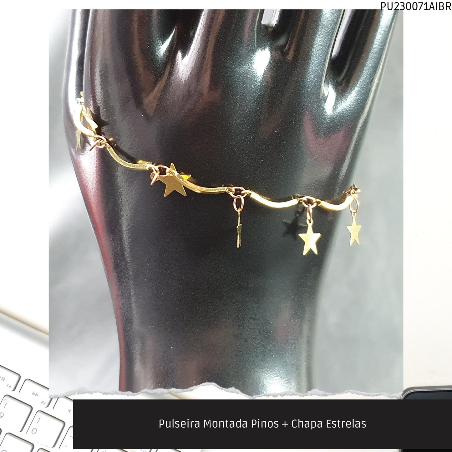 Pulseira Montada Pinos + Chapa Estrelas  - Código.: PU230071AIBR  - Peso.: 2.5 gr