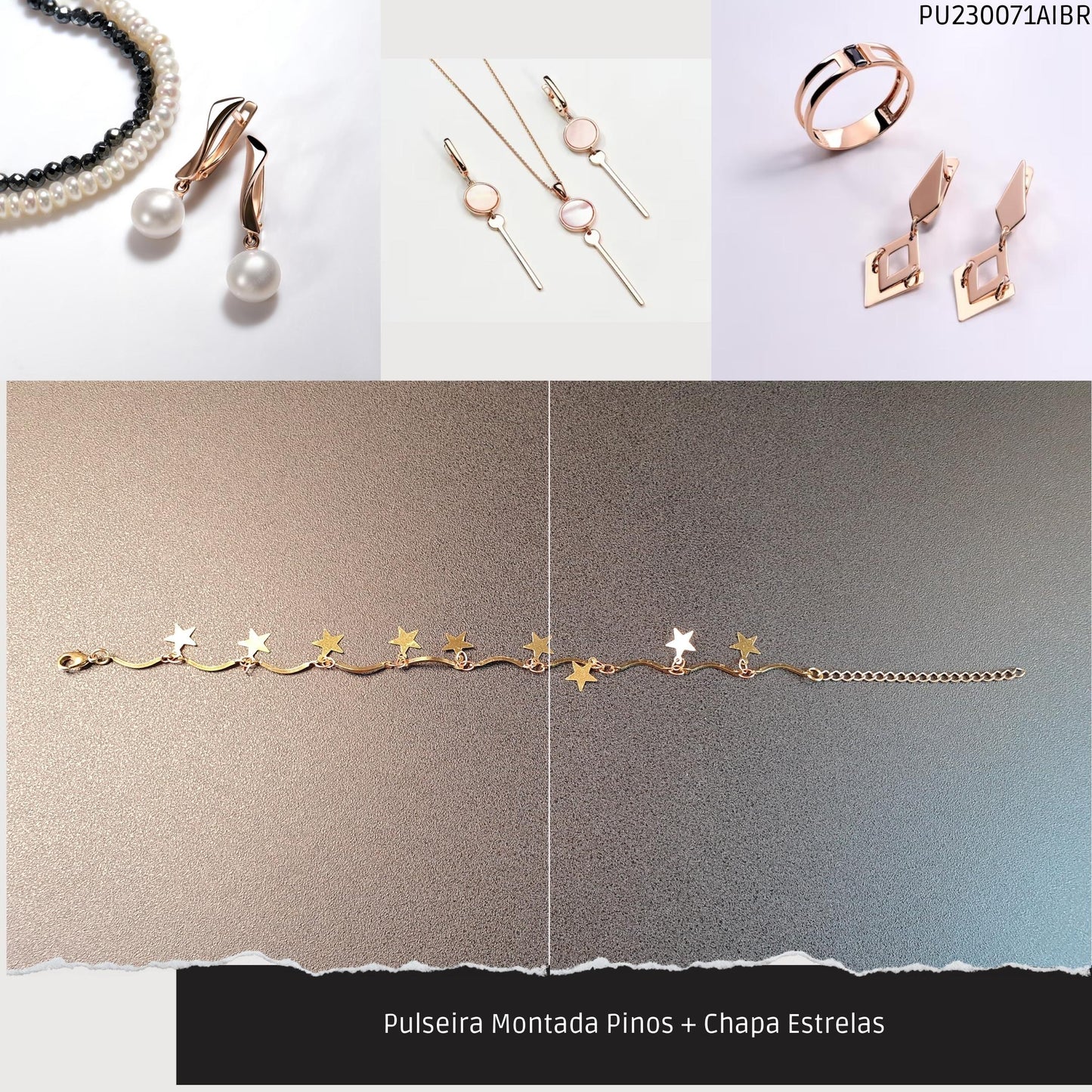 Pulseira Montada Pinos + Chapa Estrelas  - Código.: PU230071AIBR  - Peso.: 2.5 gr
