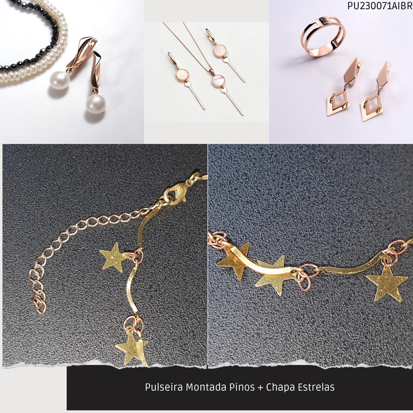 Pulseira Montada Pinos + Chapa Estrelas  - Código.: PU230071AIBR  - Peso.: 2.5 gr