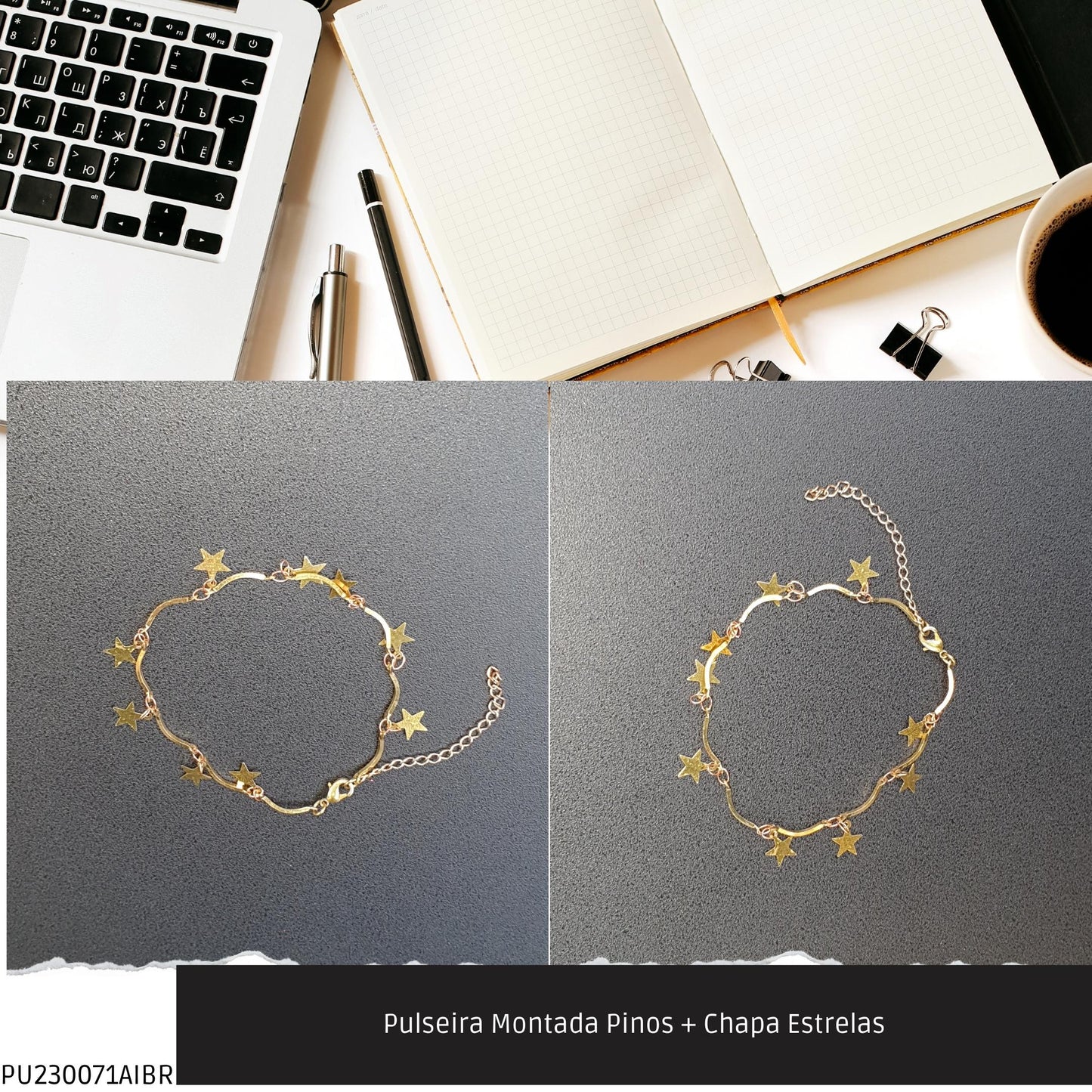 Pulseira Montada Pinos + Chapa Estrelas  - Código.: PU230071AIBR  - Peso.: 2.5 gr