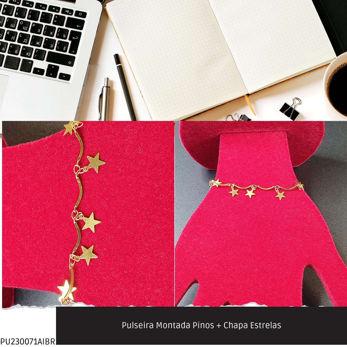 Pulseira Montada Pinos + Chapa Estrelas  - Código.: PU230071AIBR  - Peso.: 2.5 gr