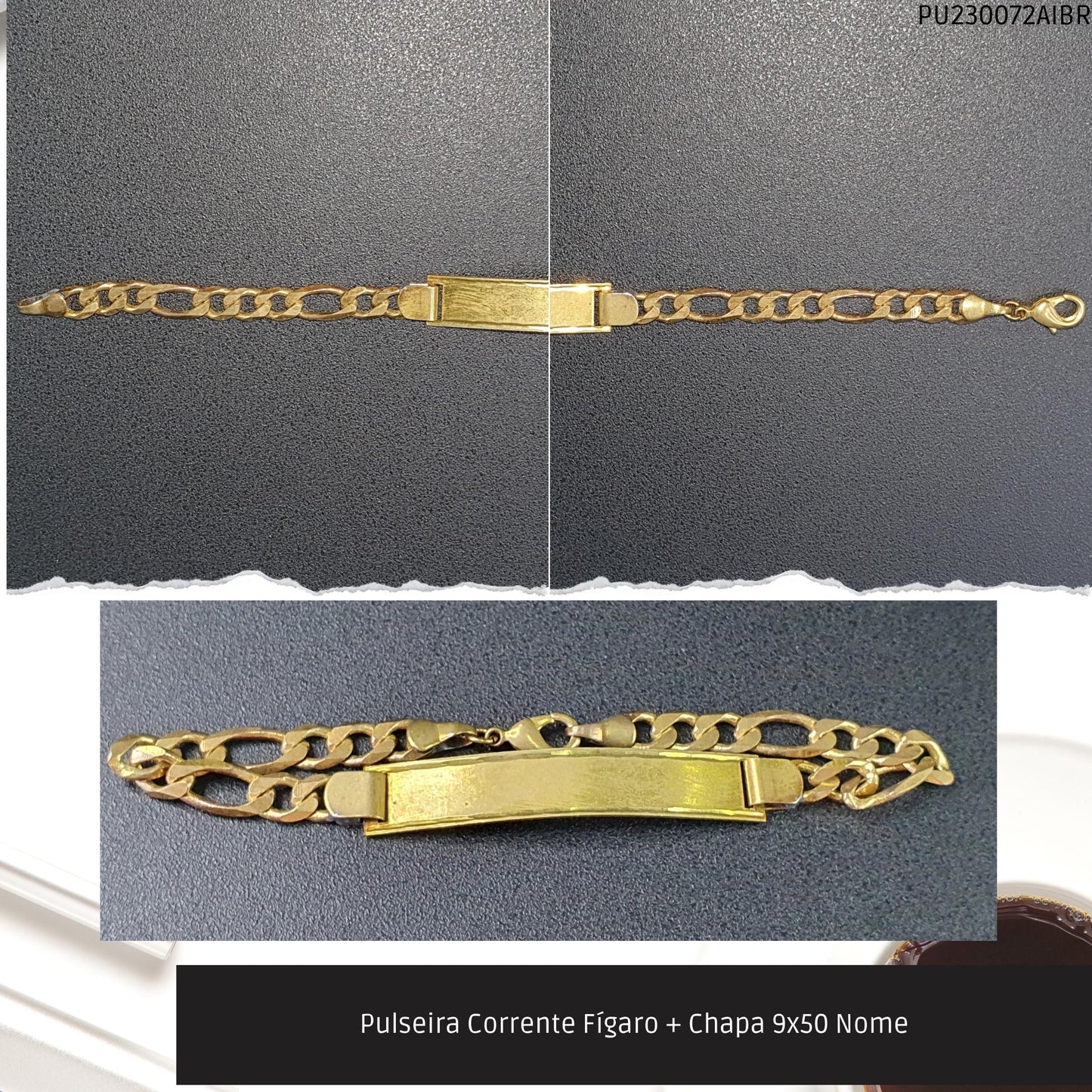 Pulseira Corrente Fígaro + Chapa 9x50 Nome  - Código.: PU230072AIBR  - Peso.: 9.7 gr