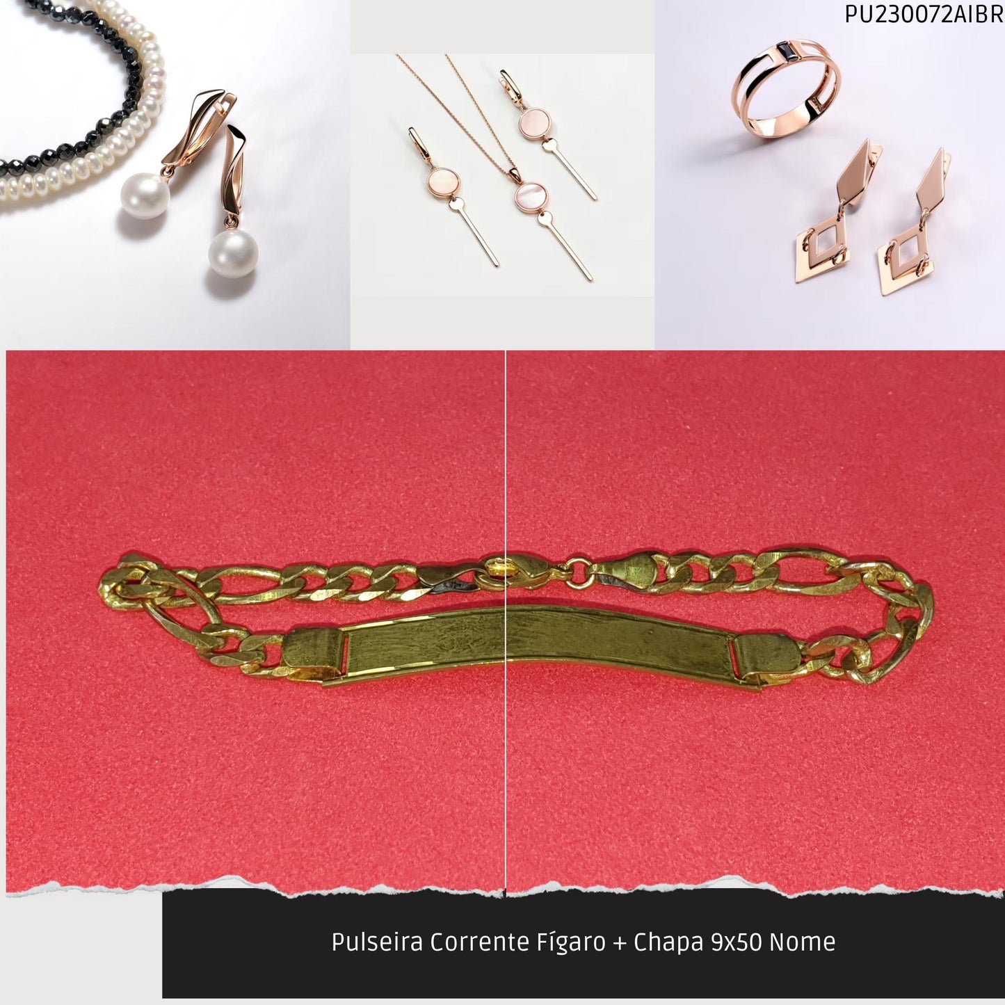 Pulseira Corrente Fígaro + Chapa 9x50 Nome  - Código.: PU230072AIBR  - Peso.: 9.7 gr