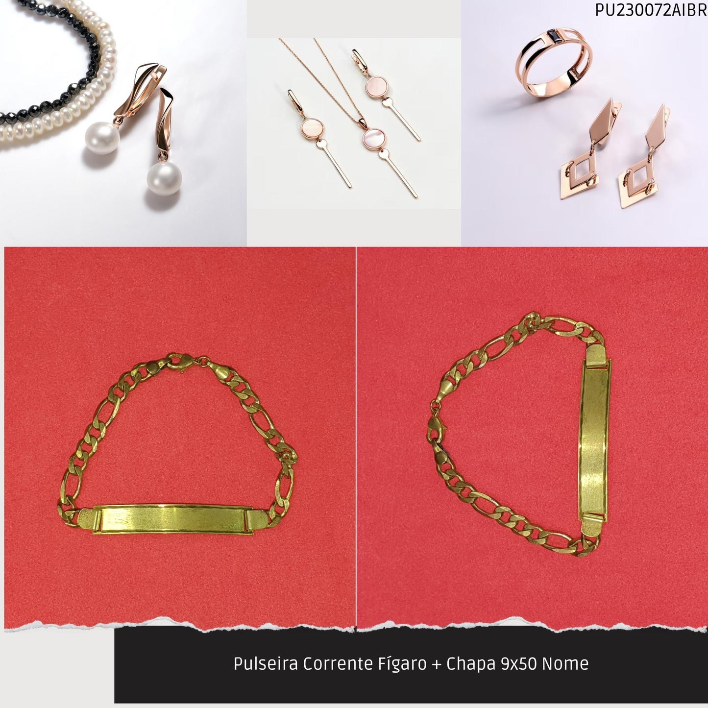 Pulseira Corrente Fígaro + Chapa 9x50 Nome  - Código.: PU230072AIBR  - Peso.: 9.7 gr