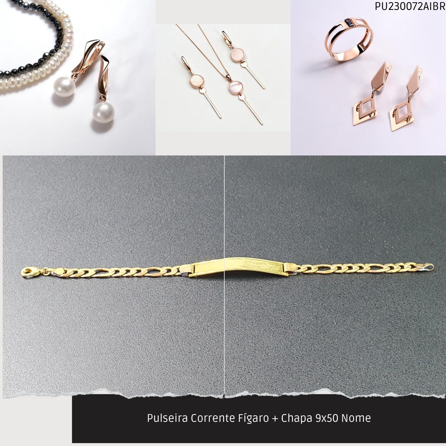 Pulseira Corrente Fígaro + Chapa 9x50 Nome  - Código.: PU230072AIBR  - Peso.: 9.7 gr