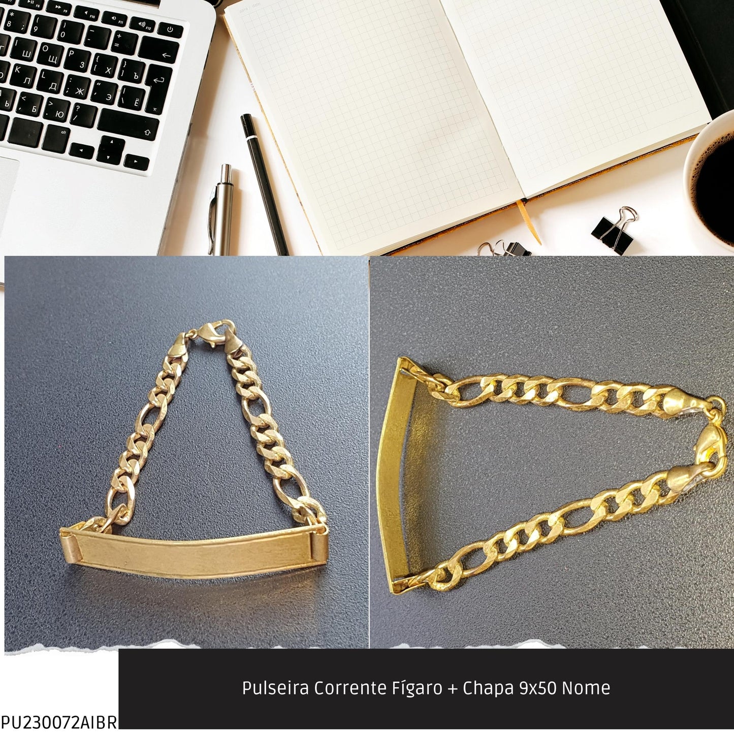 Pulseira Corrente Fígaro + Chapa 9x50 Nome  - Código.: PU230072AIBR  - Peso.: 9.7 gr