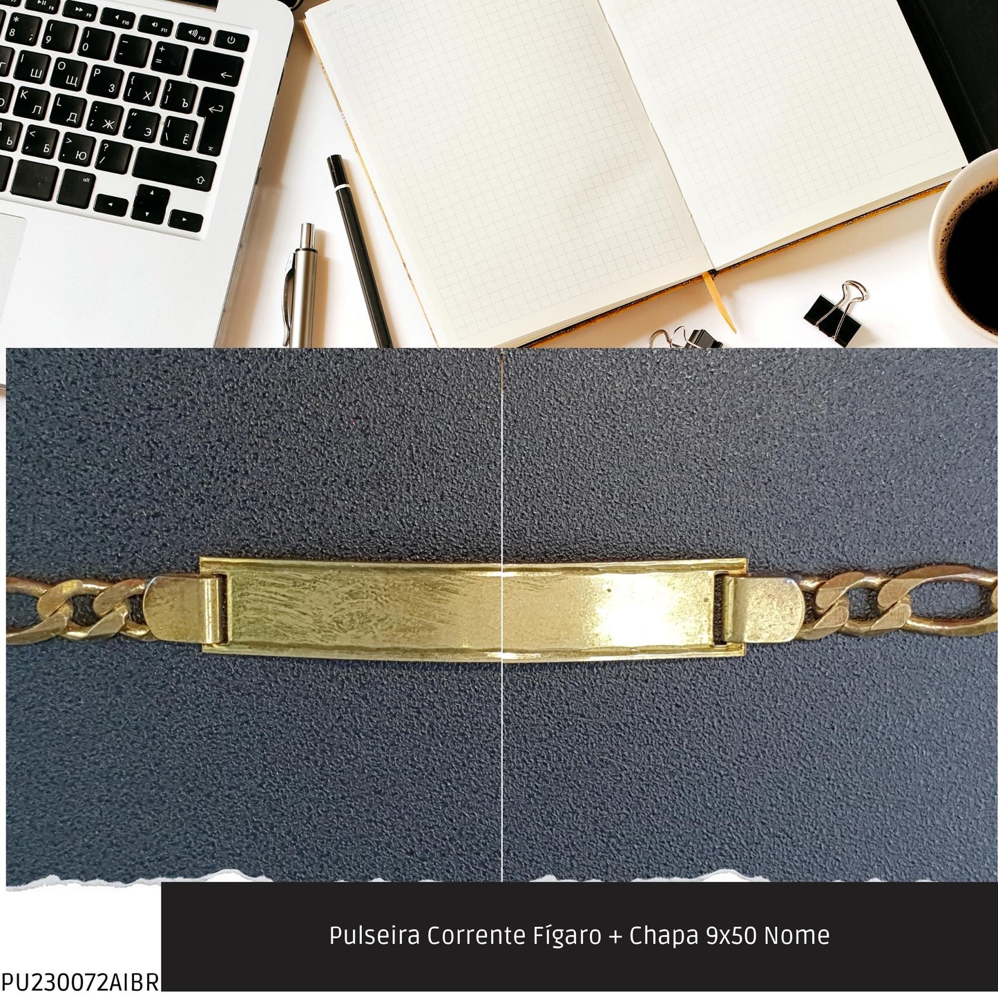 Pulseira Corrente Fígaro + Chapa 9x50 Nome  - Código.: PU230072AIBR  - Peso.: 9.7 gr