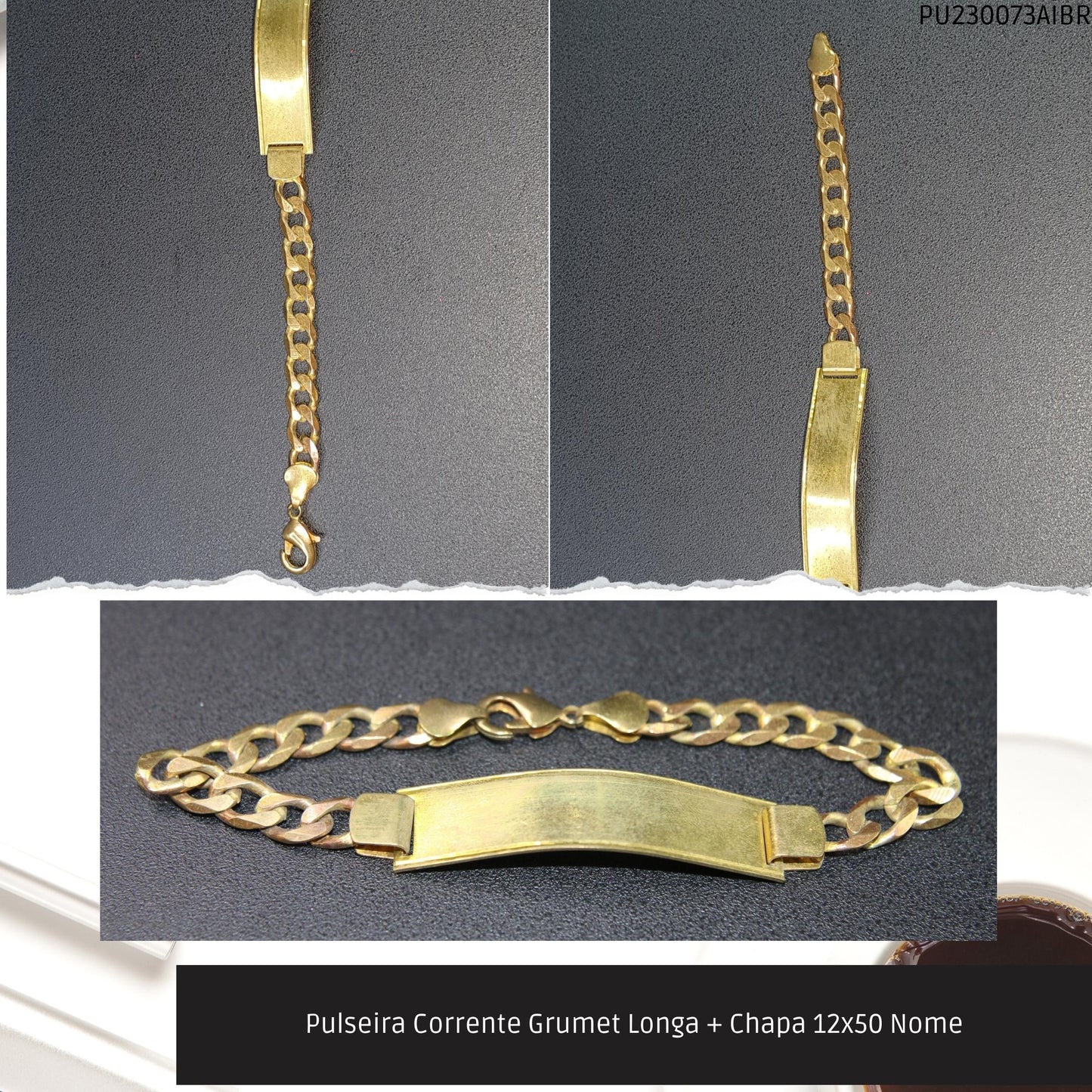 Pulseira Corrente Grumet Longa + Chapa 12x50 Nome  - Código.: PU230073AIBR  - Peso.: 13.7 gr