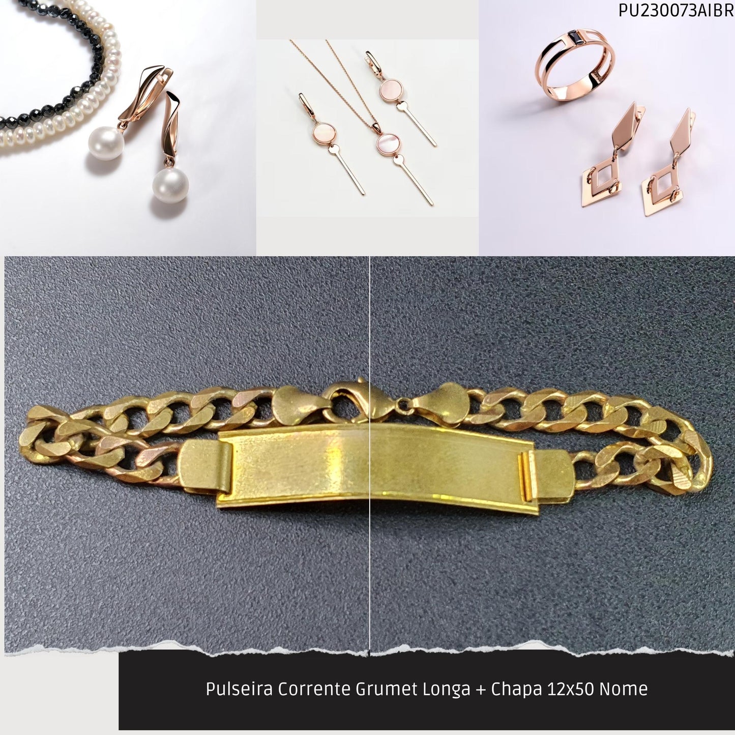 Pulseira Corrente Grumet Longa + Chapa 12x50 Nome  - Código.: PU230073AIBR  - Peso.: 13.7 gr