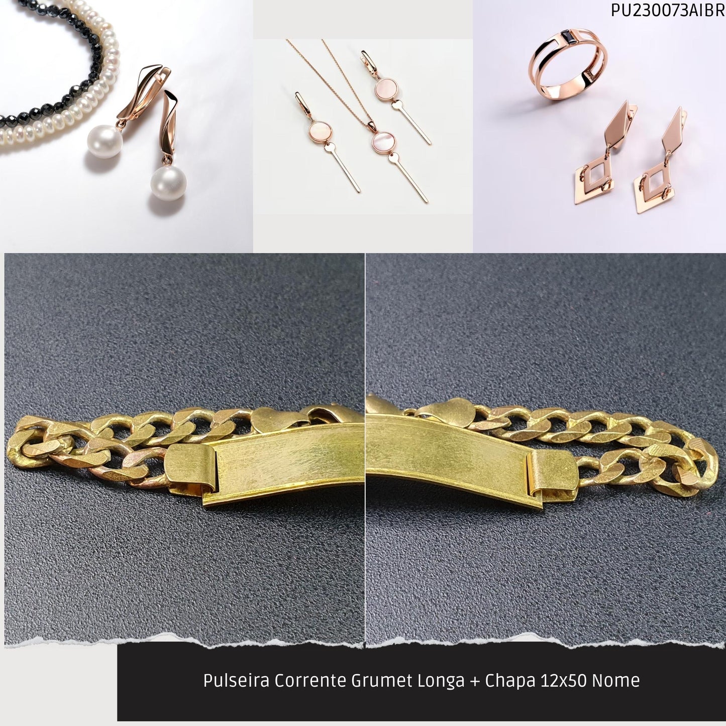 Pulseira Corrente Grumet Longa + Chapa 12x50 Nome  - Código.: PU230073AIBR  - Peso.: 13.7 gr