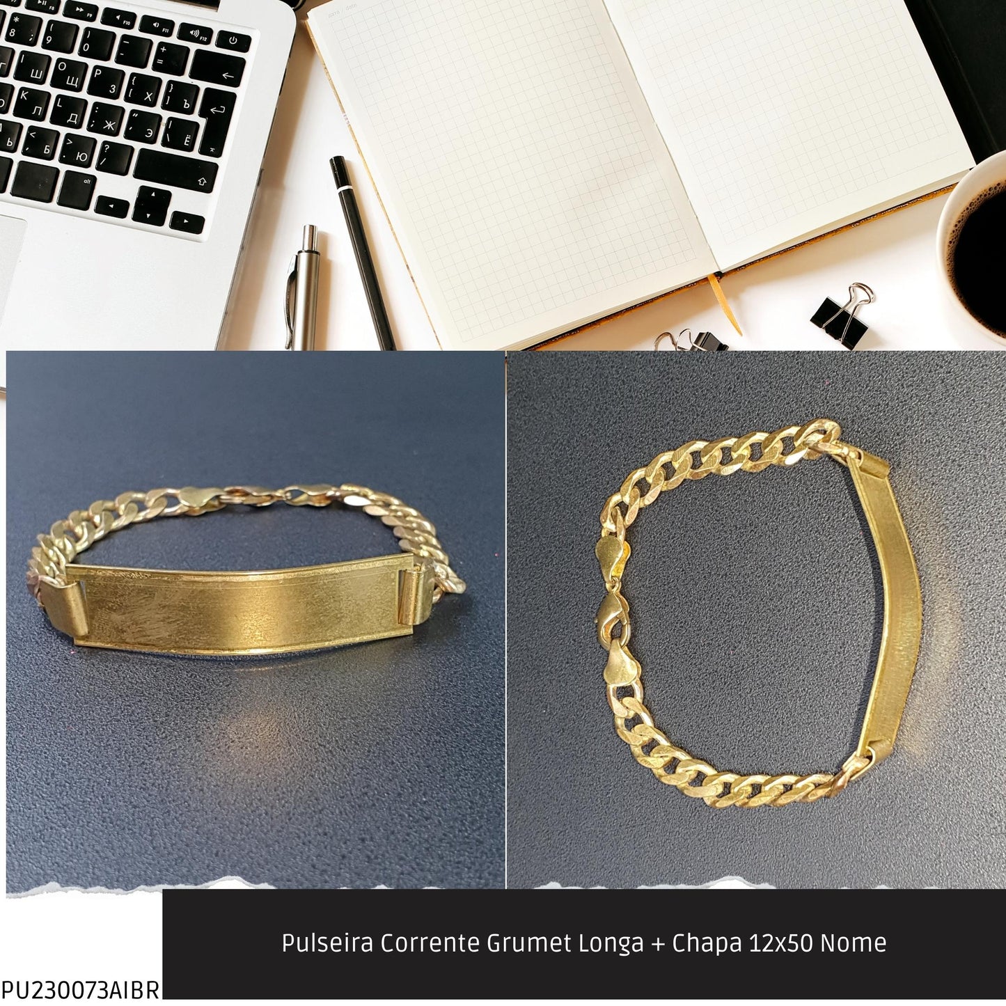 Pulseira Corrente Grumet Longa + Chapa 12x50 Nome  - Código.: PU230073AIBR  - Peso.: 13.7 gr