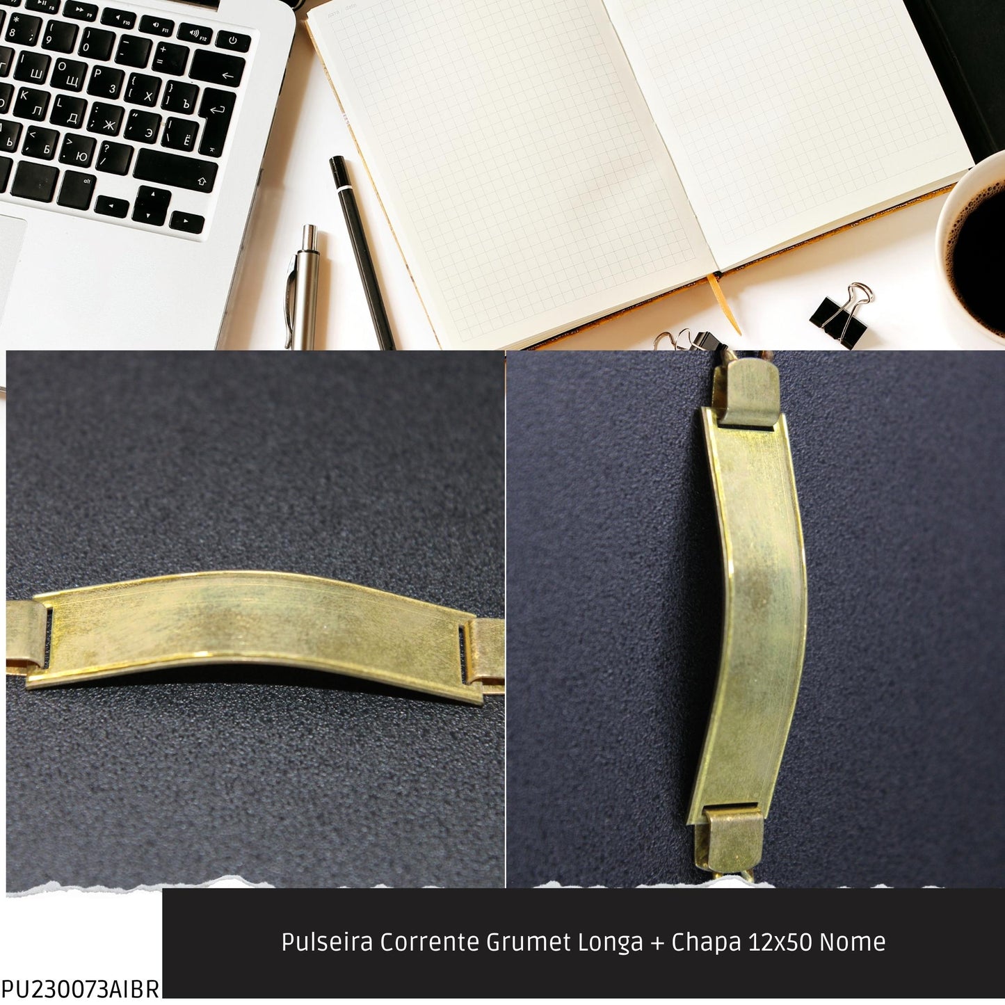 Pulseira Corrente Grumet Longa + Chapa 12x50 Nome  - Código.: PU230073AIBR  - Peso.: 13.7 gr