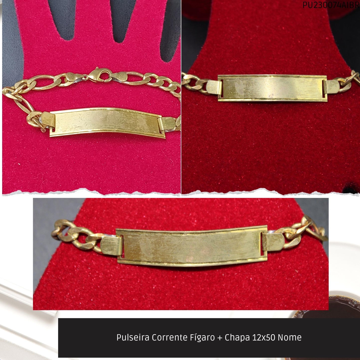 Pulseira Corrente Fígaro + Chapa 12x50 Nome  - Código.: PU230074AIBR  - Peso.: 12.7 gr