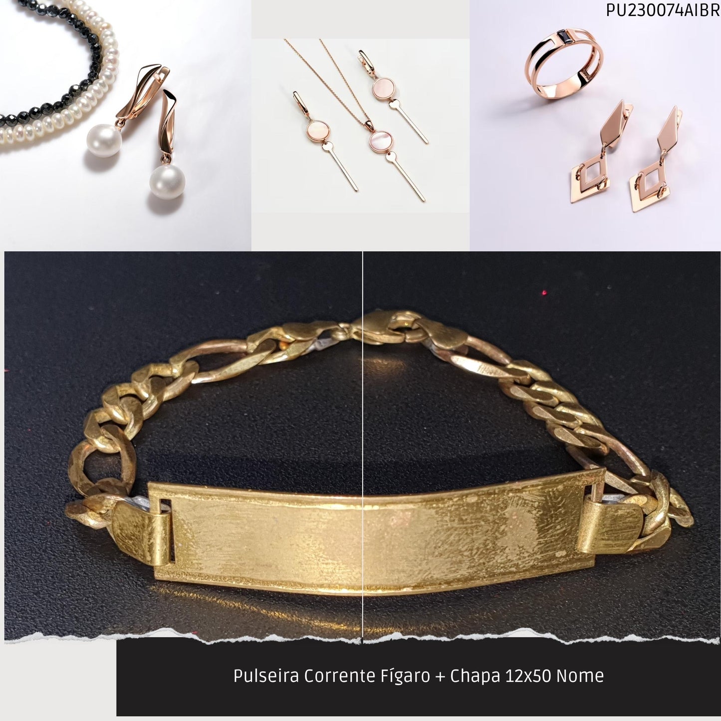 Pulseira Corrente Fígaro + Chapa 12x50 Nome  - Código.: PU230074AIBR  - Peso.: 12.7 gr
