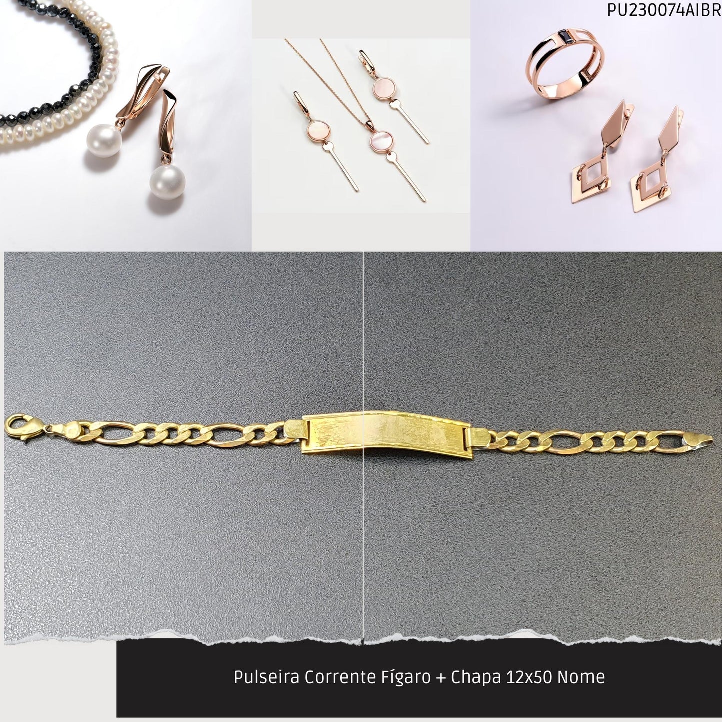 Pulseira Corrente Fígaro + Chapa 12x50 Nome  - Código.: PU230074AIBR  - Peso.: 12.7 gr