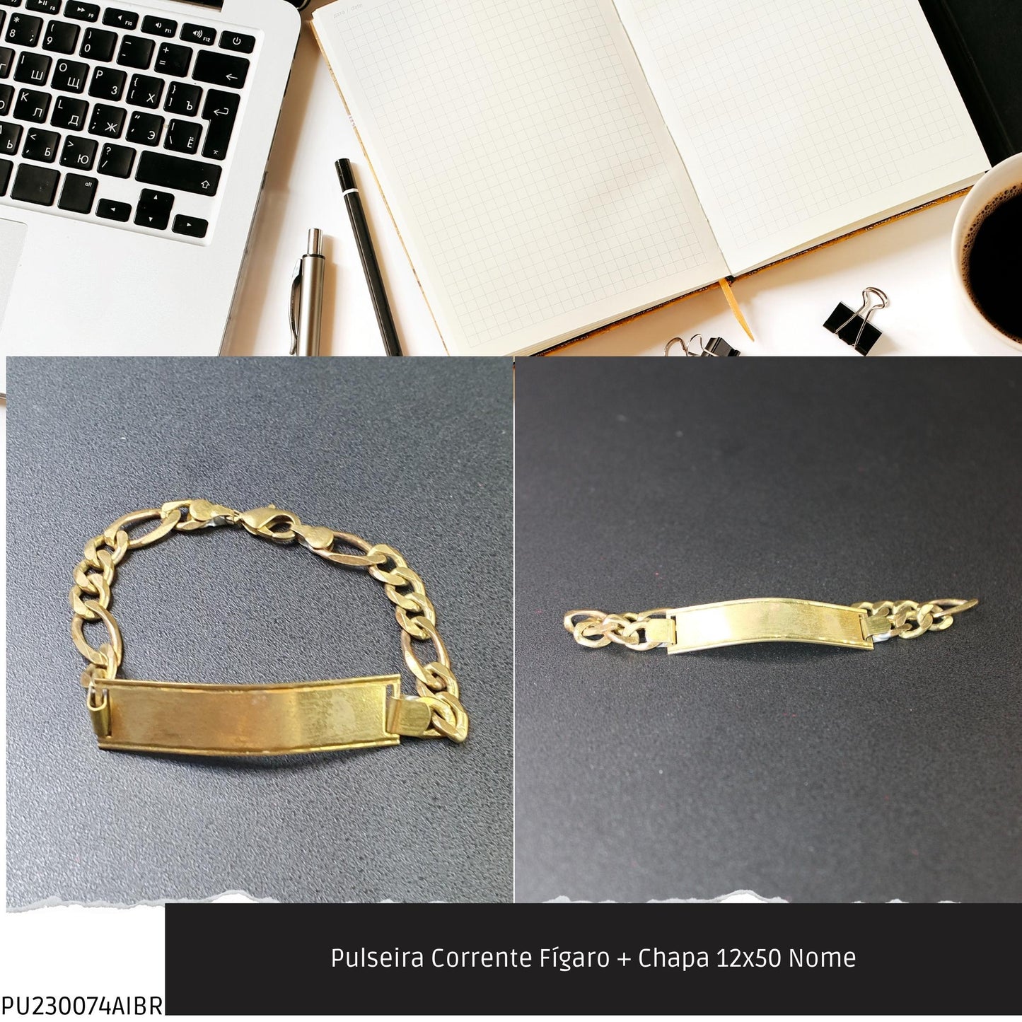 Pulseira Corrente Fígaro + Chapa 12x50 Nome  - Código.: PU230074AIBR  - Peso.: 12.7 gr