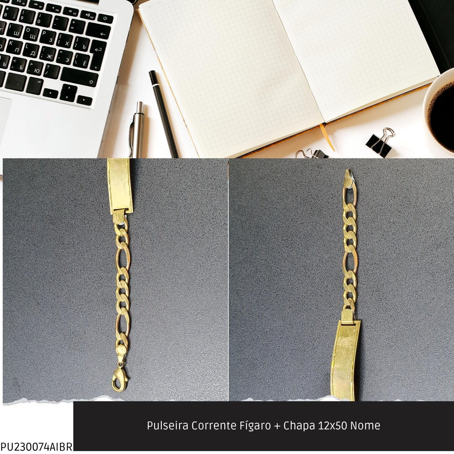 Pulseira Corrente Fígaro + Chapa 12x50 Nome  - Código.: PU230074AIBR  - Peso.: 12.7 gr