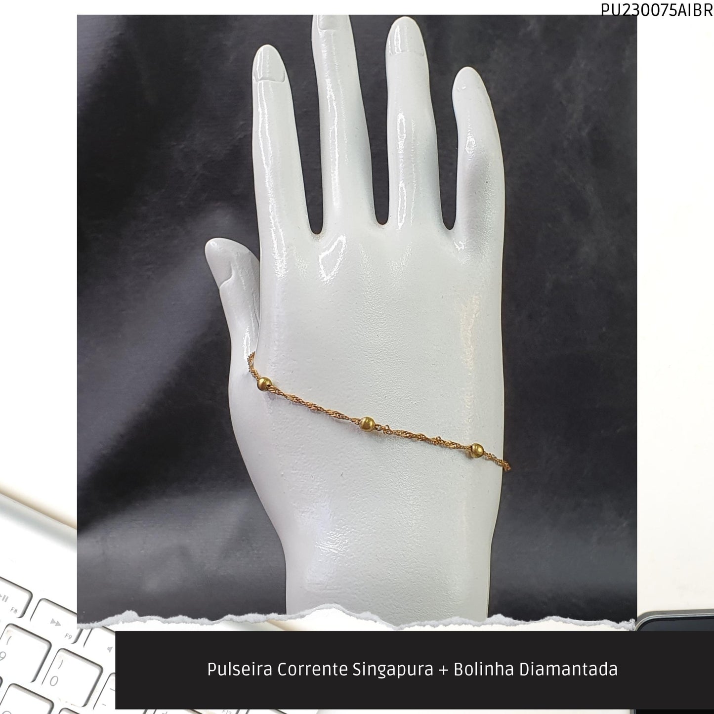 Pulseira Corrente Singapura + Bolinha Diamantada   - Código.: PU230075AIBR  - Peso.: 1.5 gr