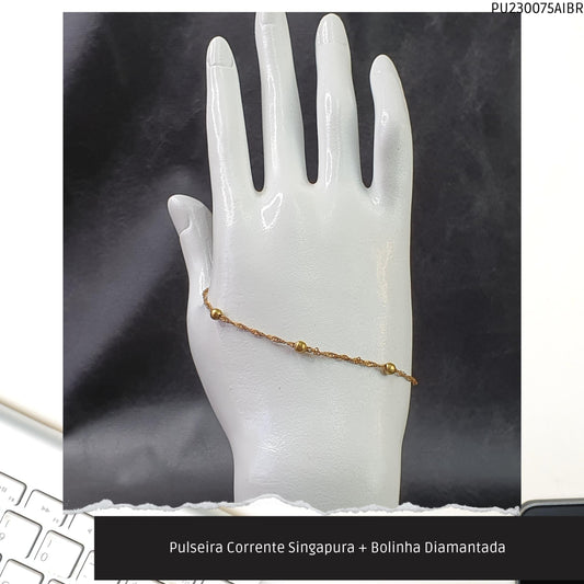 Pulseira Corrente Singapura + Bolinha Diamantada   - Código.: PU230075AIBR  - Peso.: 1.5 gr