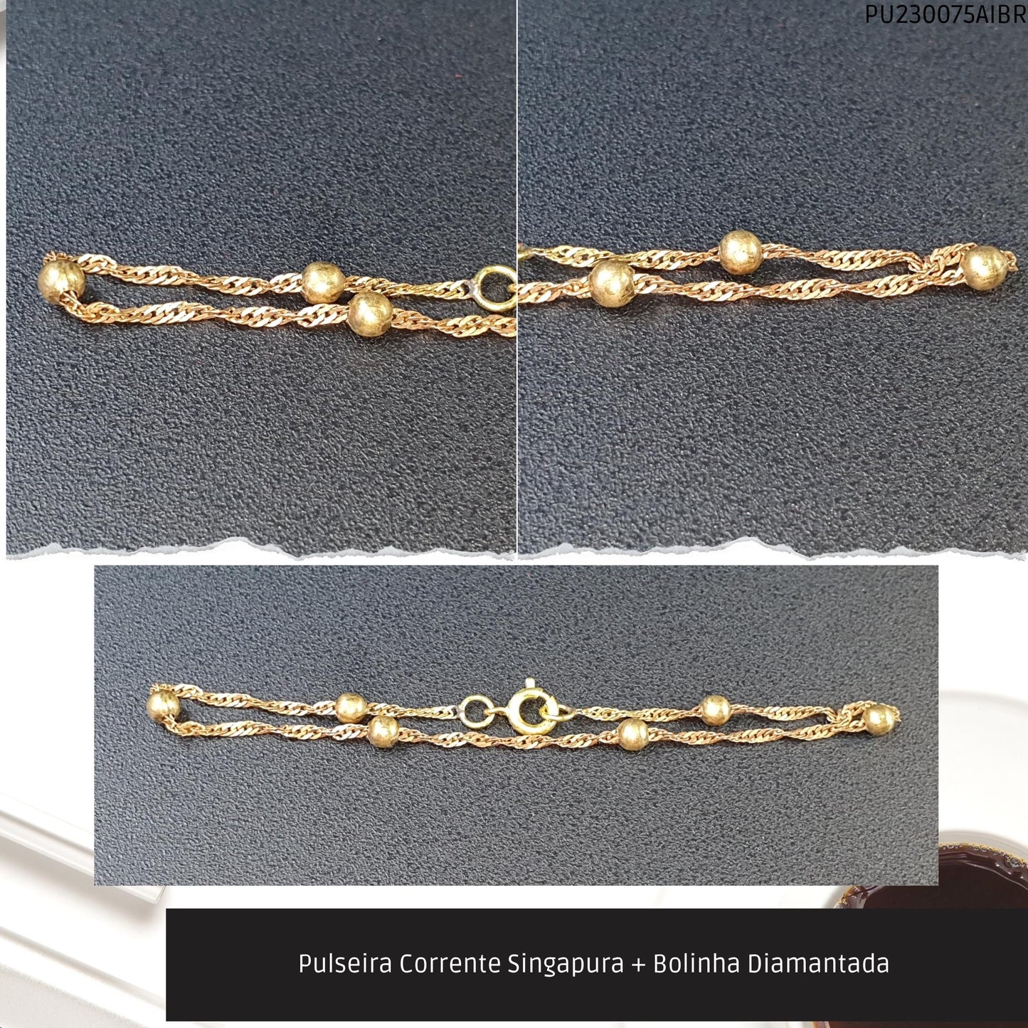 Pulseira Corrente Singapura + Bolinha Diamantada   - Código.: PU230075AIBR  - Peso.: 1.5 gr
