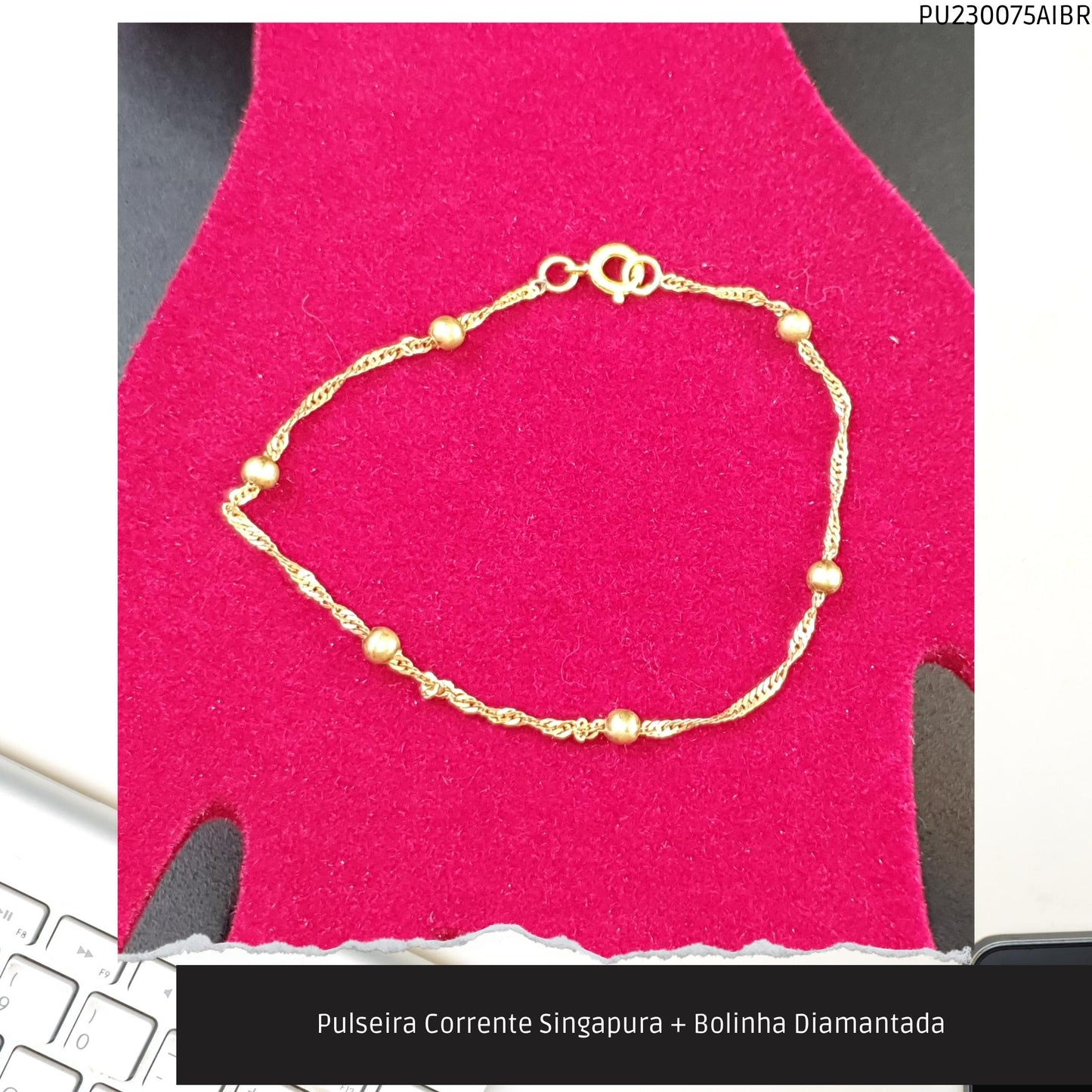 Pulseira Corrente Singapura + Bolinha Diamantada   - Código.: PU230075AIBR  - Peso.: 1.5 gr