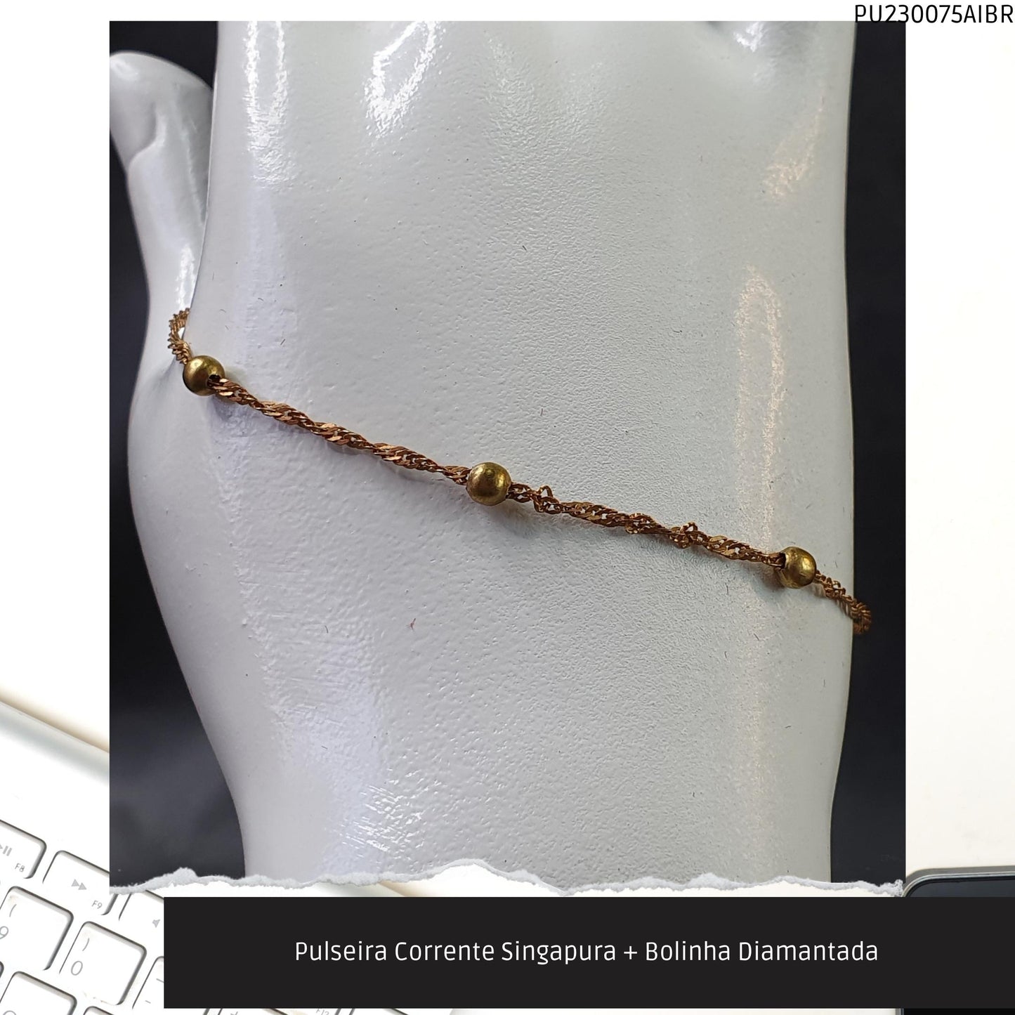Pulseira Corrente Singapura + Bolinha Diamantada   - Código.: PU230075AIBR  - Peso.: 1.5 gr