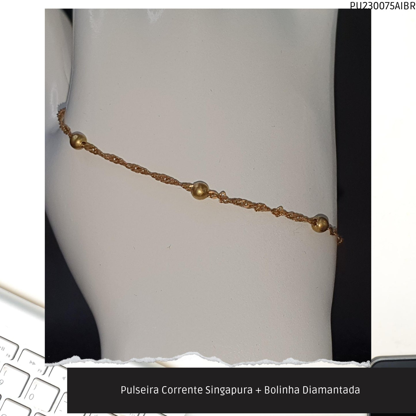 Pulseira Corrente Singapura + Bolinha Diamantada   - Código.: PU230075AIBR  - Peso.: 1.5 gr