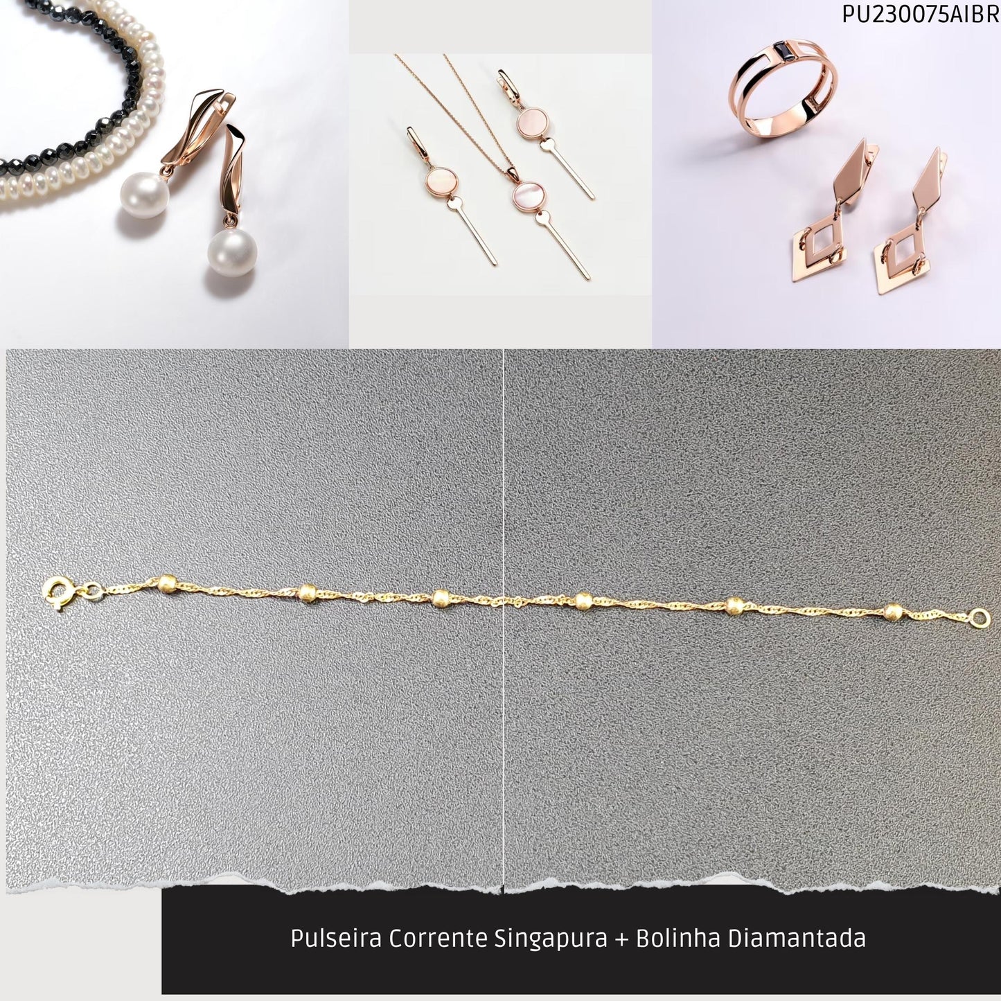 Pulseira Corrente Singapura + Bolinha Diamantada   - Código.: PU230075AIBR  - Peso.: 1.5 gr