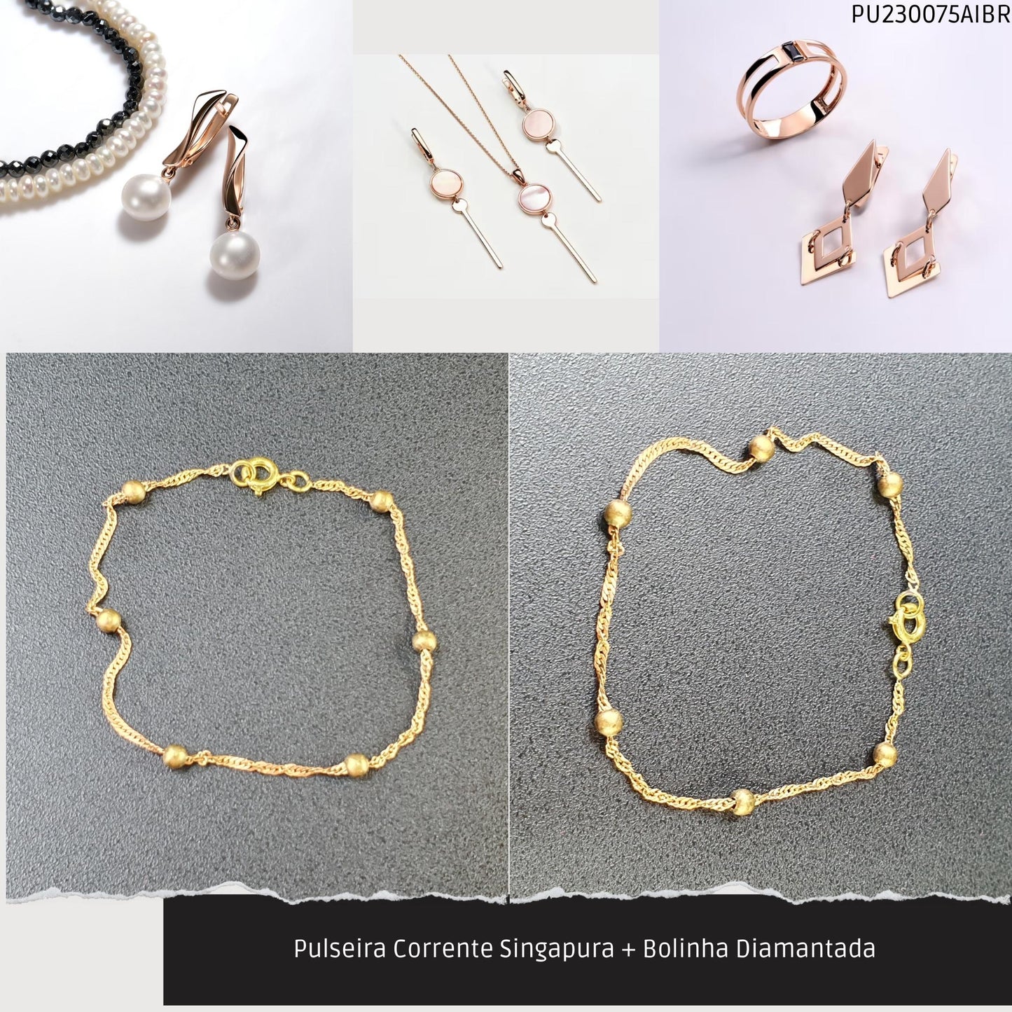 Pulseira Corrente Singapura + Bolinha Diamantada   - Código.: PU230075AIBR  - Peso.: 1.5 gr