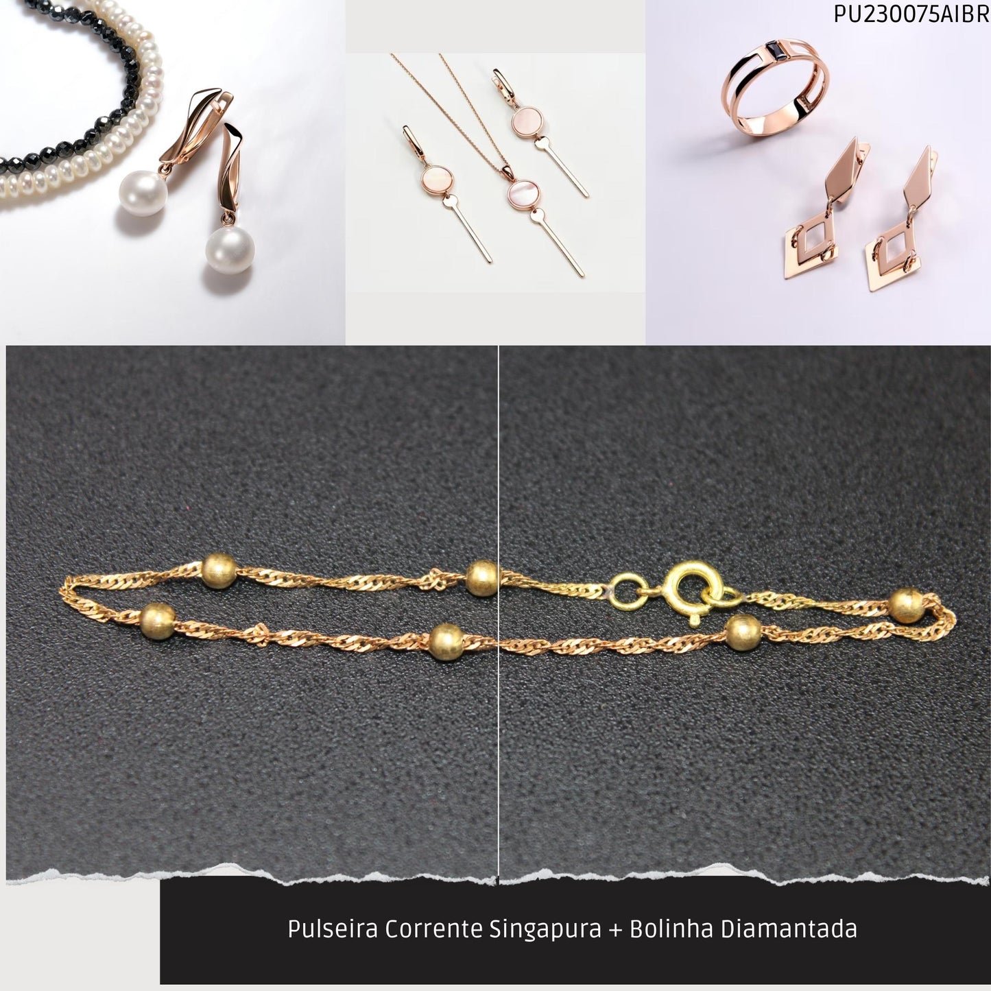 Pulseira Corrente Singapura + Bolinha Diamantada   - Código.: PU230075AIBR  - Peso.: 1.5 gr