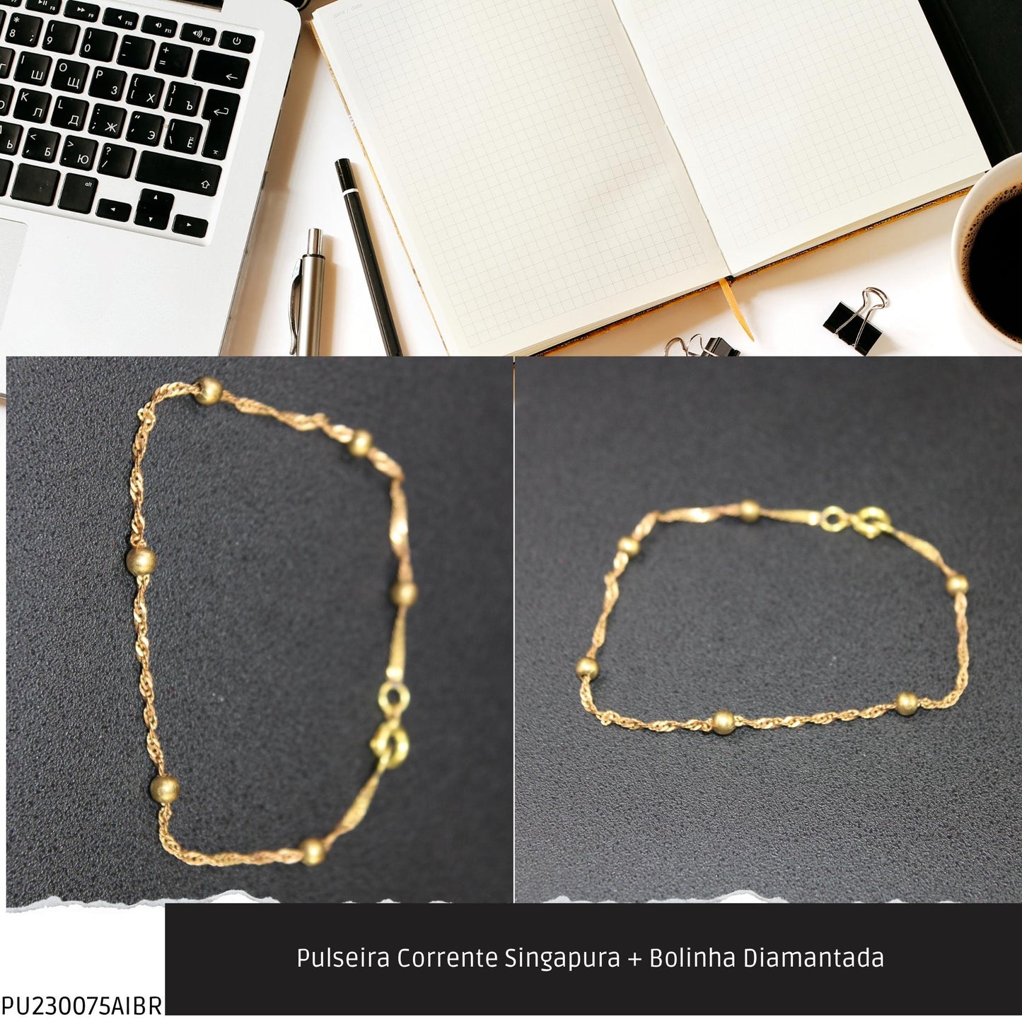 Pulseira Corrente Singapura + Bolinha Diamantada   - Código.: PU230075AIBR  - Peso.: 1.5 gr
