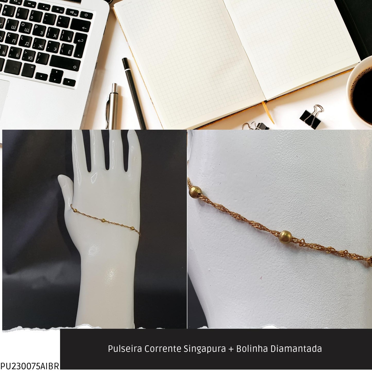 Pulseira Corrente Singapura + Bolinha Diamantada   - Código.: PU230075AIBR  - Peso.: 1.5 gr