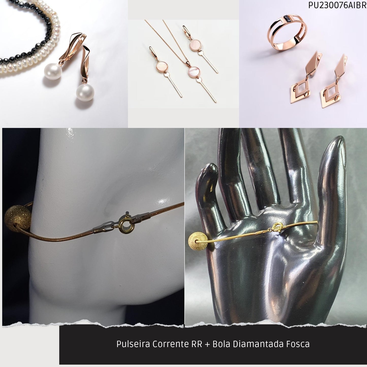 Pulseira Corrente RR + Bola Diamantada Fosca  - Código.: PU230076AIBR  - Peso.: 4.7 gr