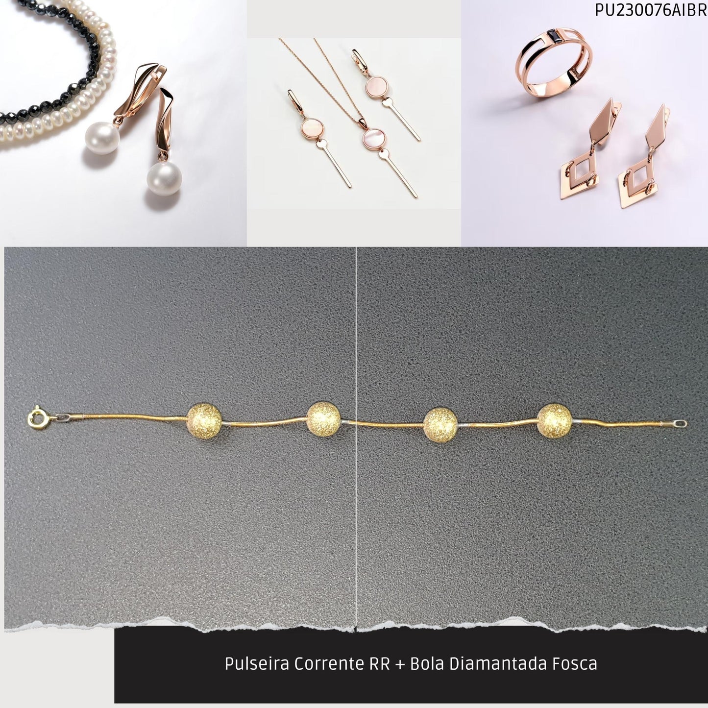 Pulseira Corrente RR + Bola Diamantada Fosca  - Código.: PU230076AIBR  - Peso.: 4.7 gr